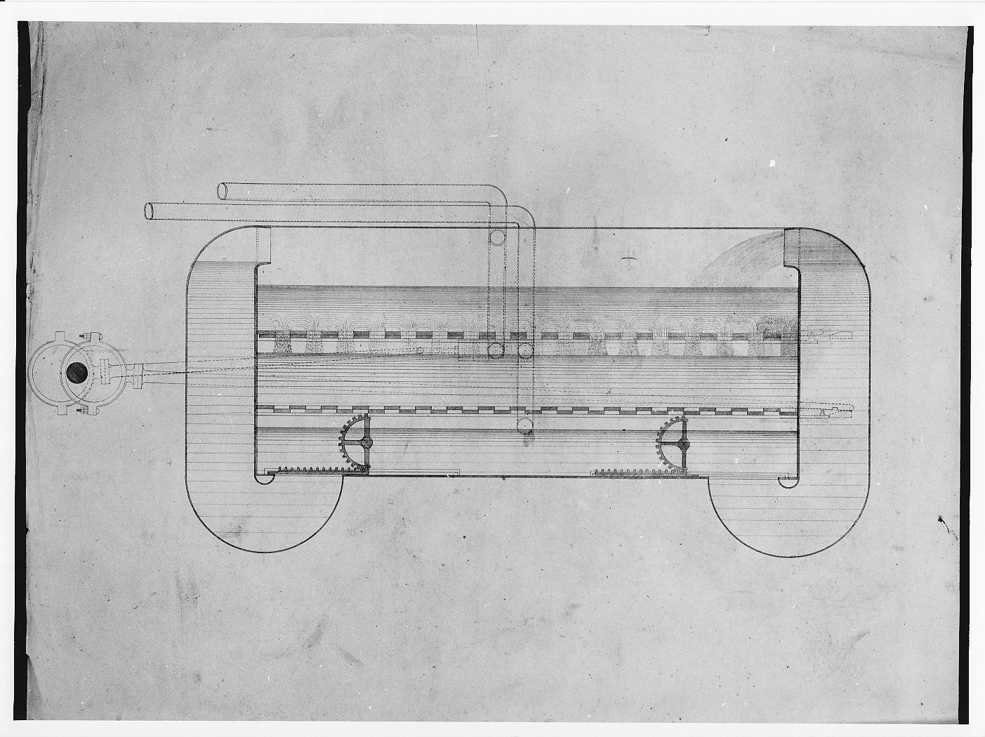 Progetto di locomotiva per forti pendenze e curve a piccolo raggio (disegno architettonico, opera isolata) di Vanossi Giuseppe (sec. XIX)