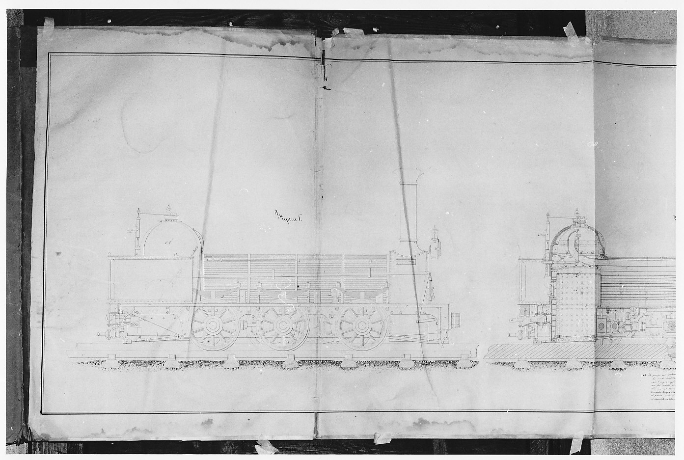 Progetto di locomotiva per forti pendenze e curve a piccolo raggio (disegno architettonico, opera isolata) di Vanossi Giuseppe (sec. XIX)