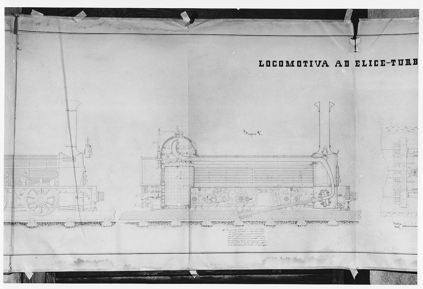 Progetto di locomotiva per forti pendenze e curve a piccolo raggio (disegno architettonico, opera isolata) di Vanossi Giuseppe (sec. XIX)