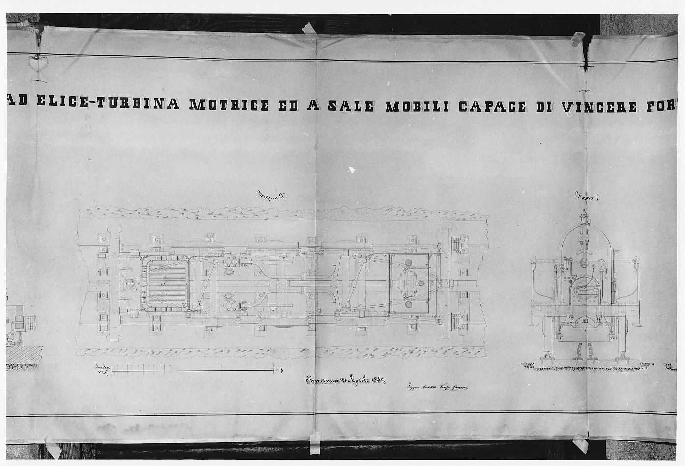 Progetto di locomotiva per forti pendenze e curve a piccolo raggio (disegno architettonico, opera isolata) di Vanossi Giuseppe (sec. XIX)