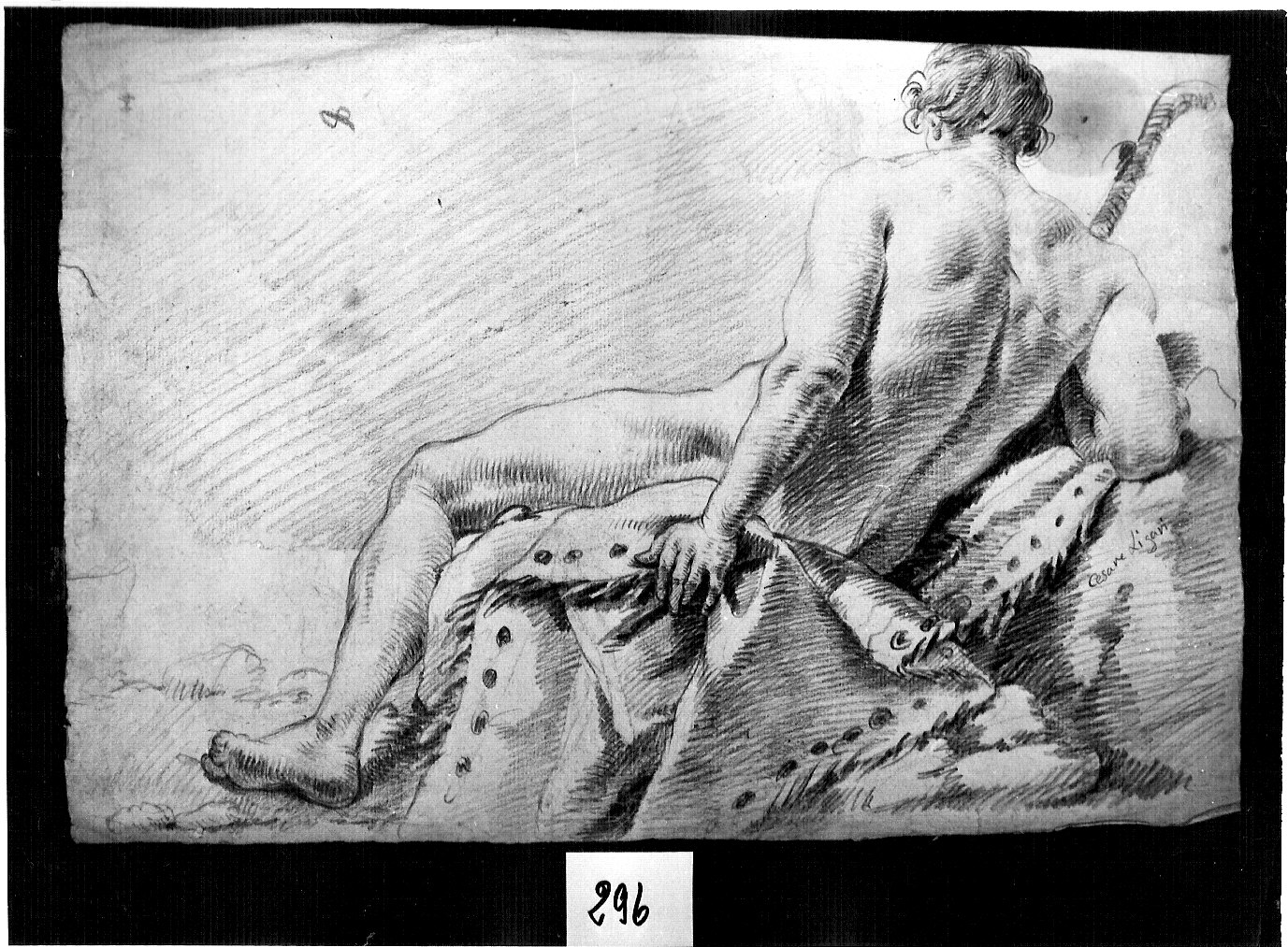 nudo maschile di schiena (disegno, opera isolata) di Ligari Cesare (attribuito) (sec. XVIII)
