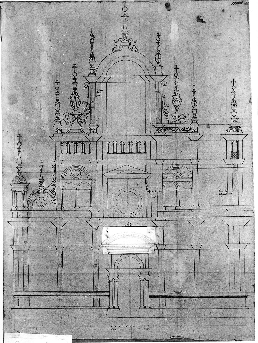 studio per la facciata e coronamento (disegno architettonico, opera isolata) di Bassi Martino (attribuito) (sec. XVI)