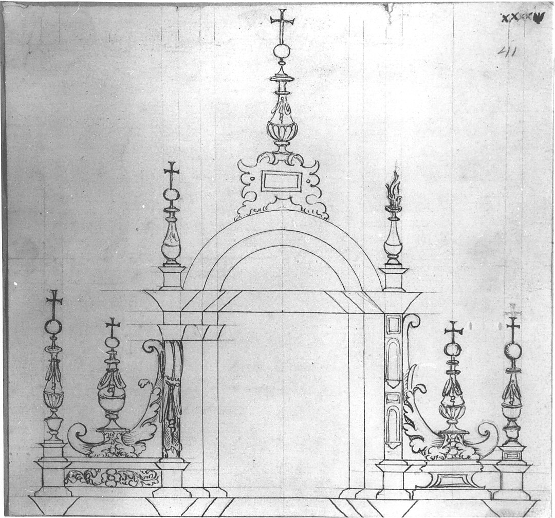 studio per il coronamento della facciata (disegno architettonico, opera isolata) di Bassi Martino (attribuito) (sec. XVI)