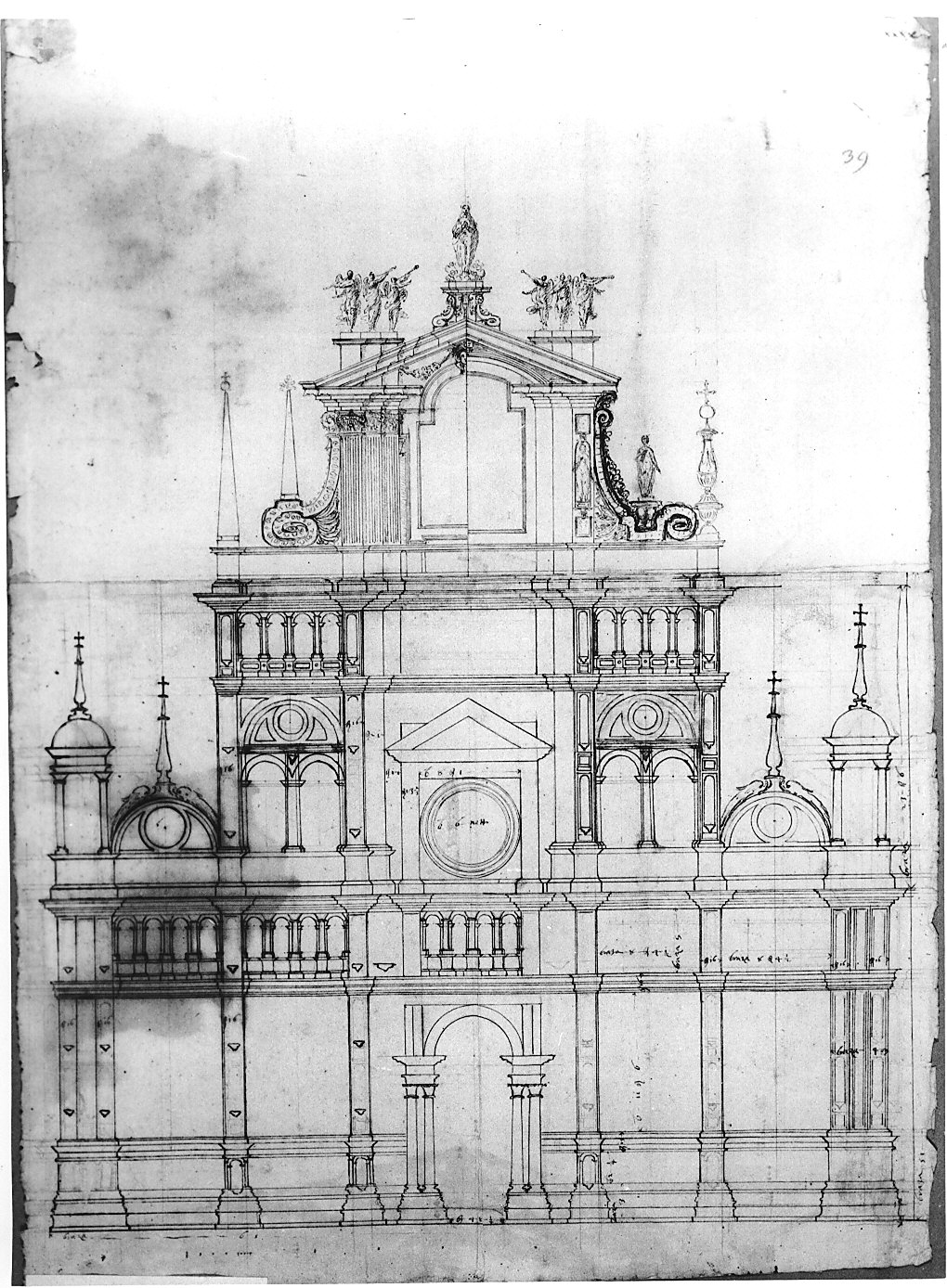 studio per la facciata e coronamento (disegno architettonico, opera isolata) di Bassi Martino (attribuito) (sec. XVI)