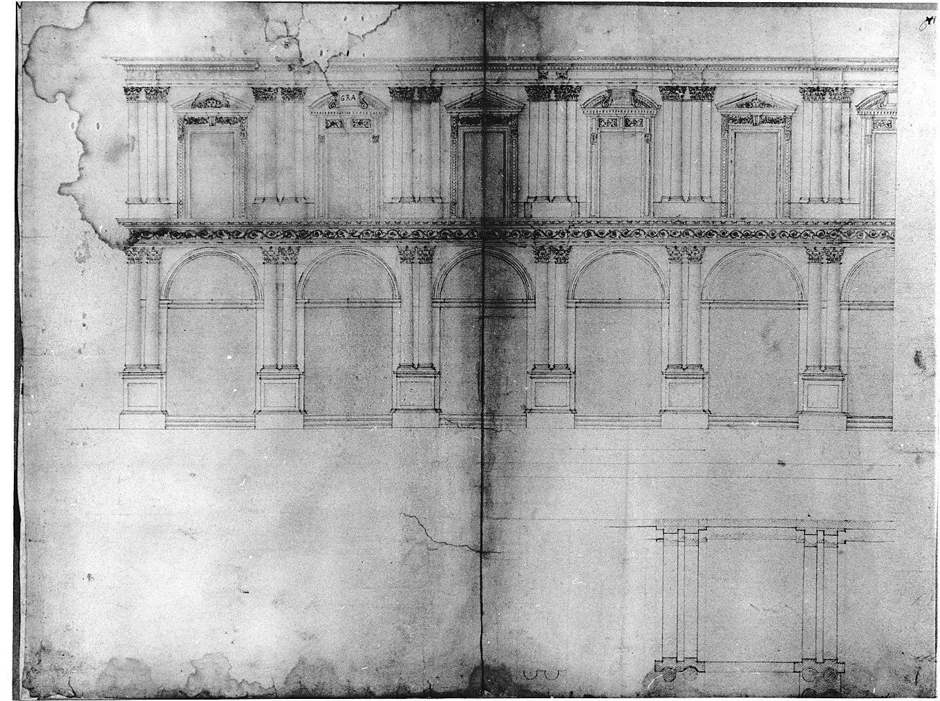 studio per la fronte della foresteria (disegno architettonico, opera isolata) di Bassi Martino (attribuito) (sec. XVI)