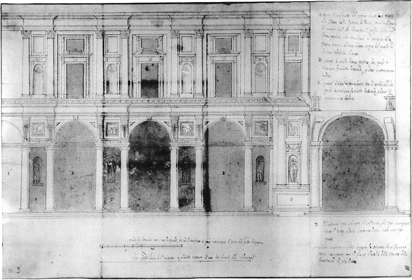 studio per la fronte della foresteria (disegno architettonico, opera isolata) di Bassi Martino (attribuito) (sec. XVI)