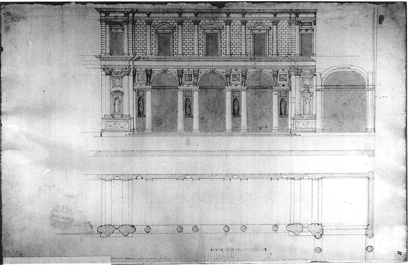 studio per la fronte della foresteria (disegno architettonico, opera isolata) di Bassi Martino (attribuito) (sec. XVI)