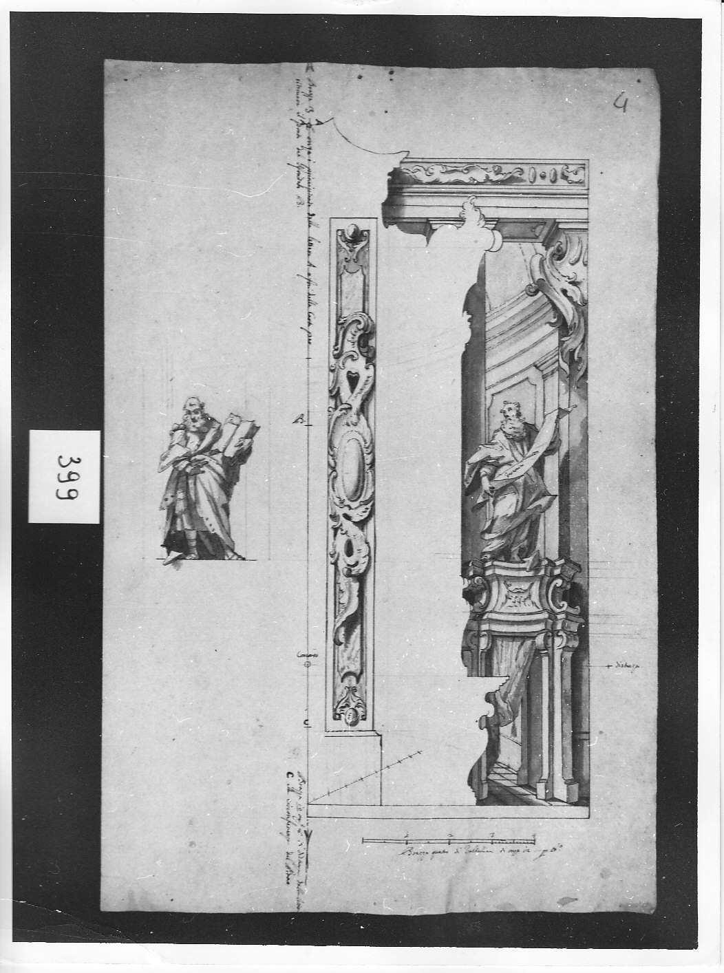 Decorazione per cappella con figure (disegno architettonico, opera isolata) di Ligari Pietro (attribuito) (sec. XVIII)