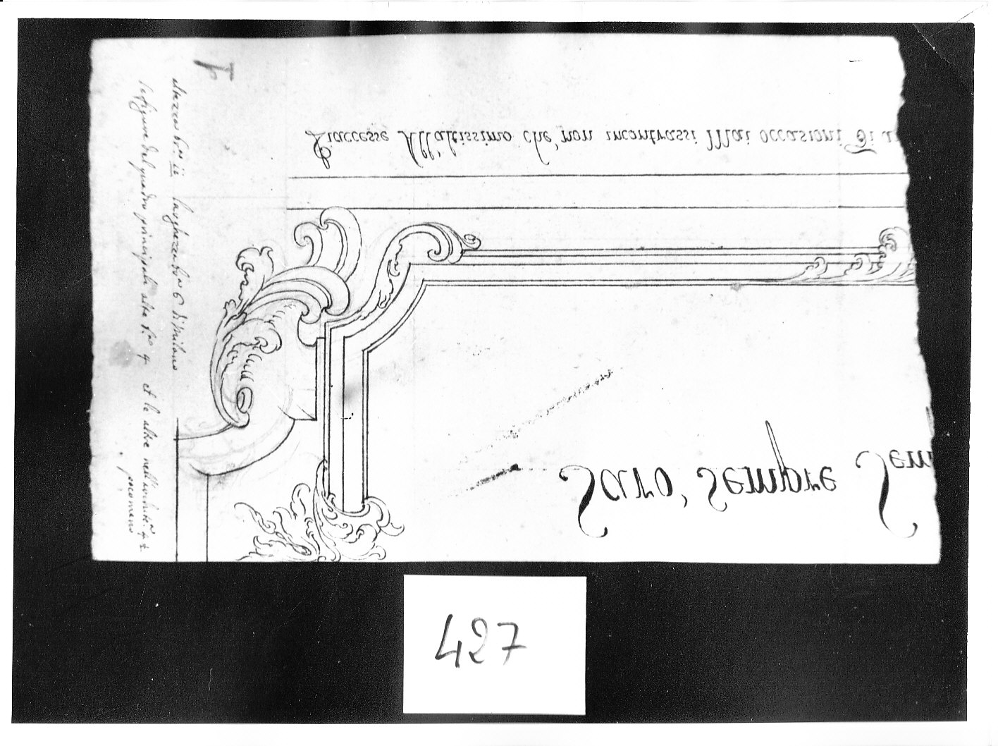 Angolo di cornice con scritte (disegno, opera isolata) di Ligari Pietro (attribuito) (prima metà sec. XVIII)