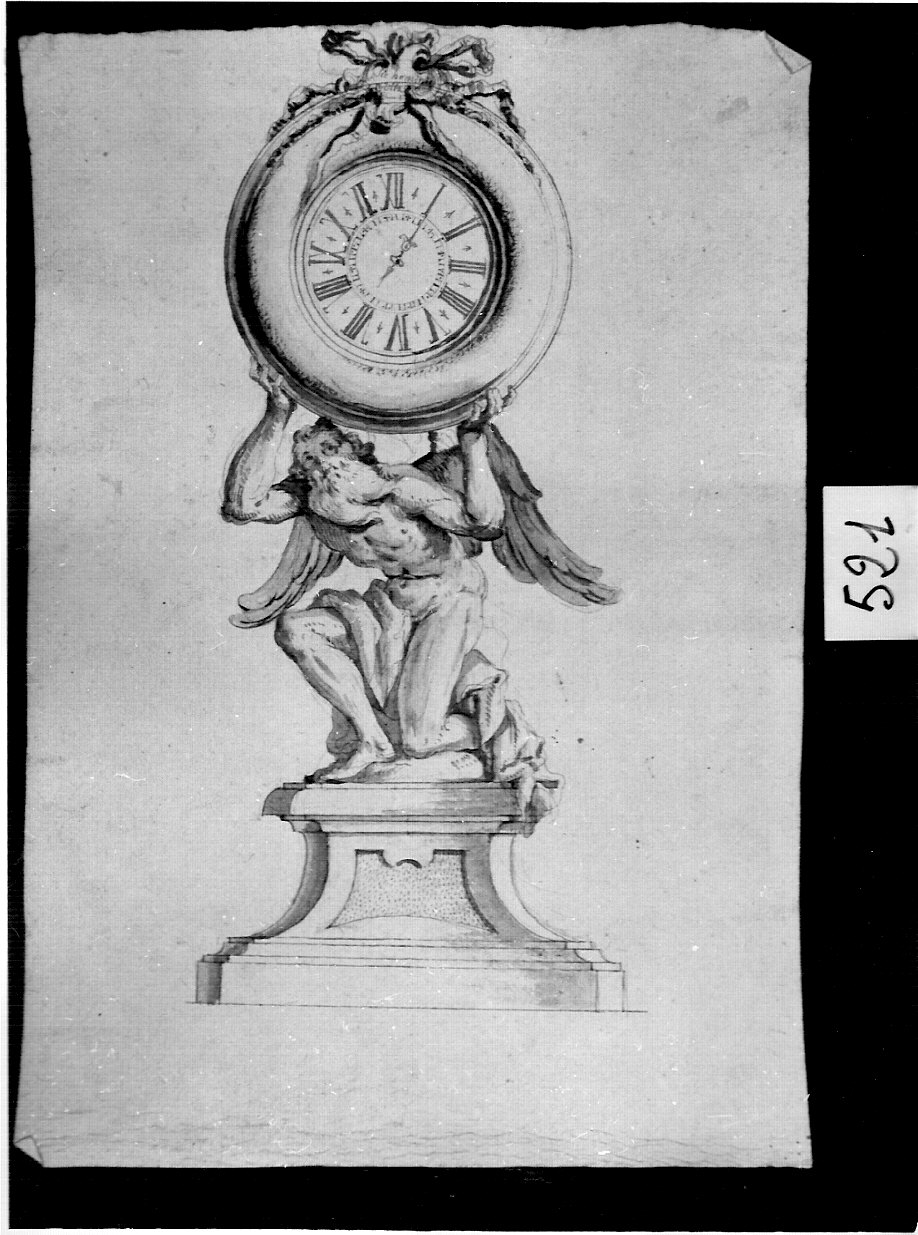 orologio sostenuto da vecchio alato (disegno, opera isolata) di Ligari Pietro (attribuito) (prima metà sec. XVIII)
