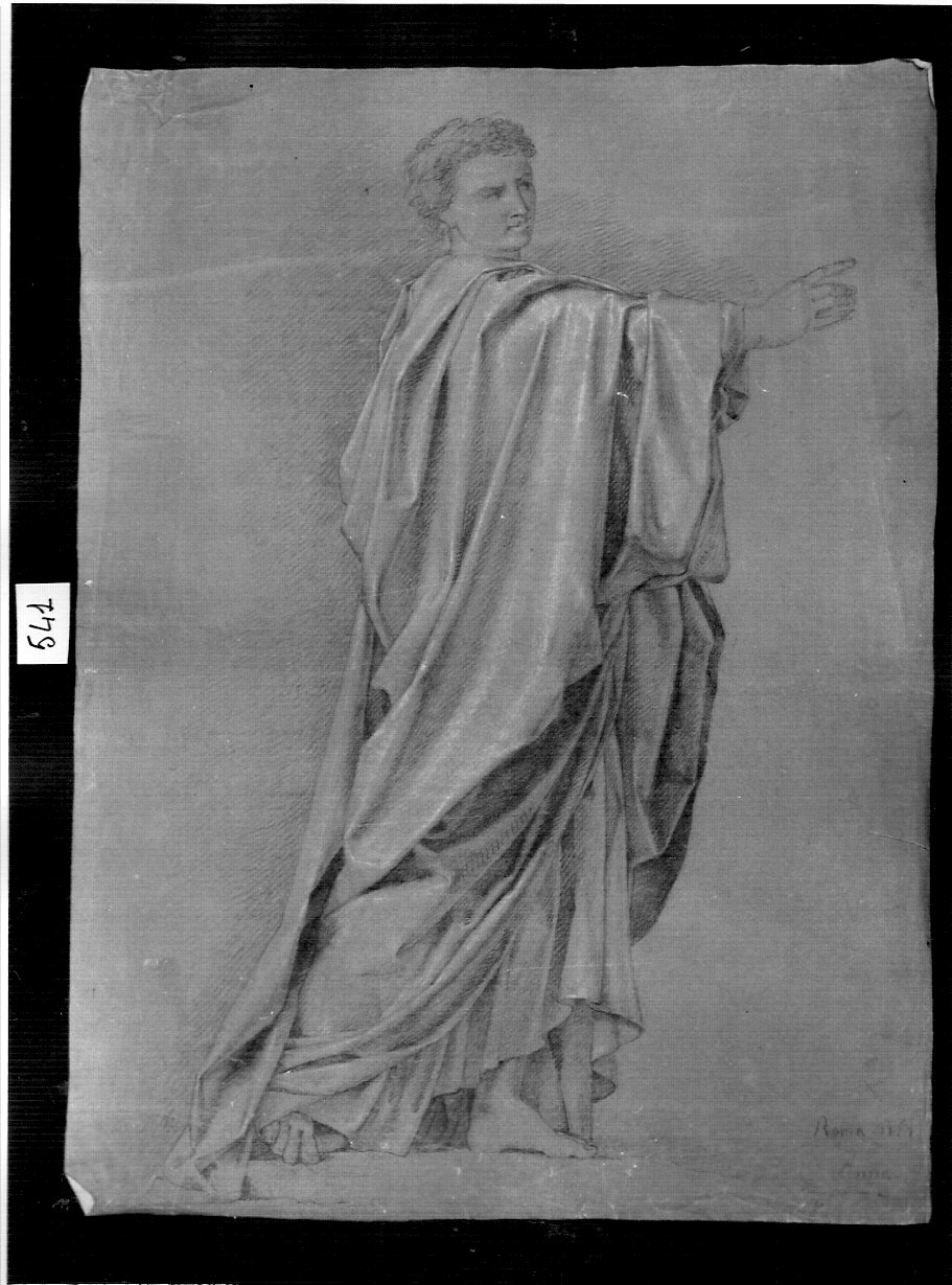 personaggio drappeggiato con braccio alzato (disegno, opera isolata) di Ligari Angelo (attribuito) (sec. XIX)