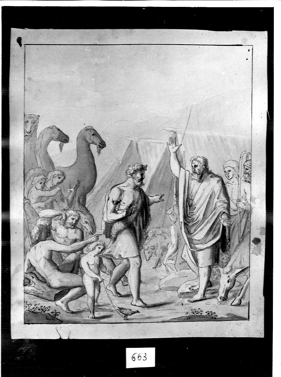 personaggi con tende e cammelli (disegno, opera isolata) di Ligari Angelo (attribuito) (sec. XIX)