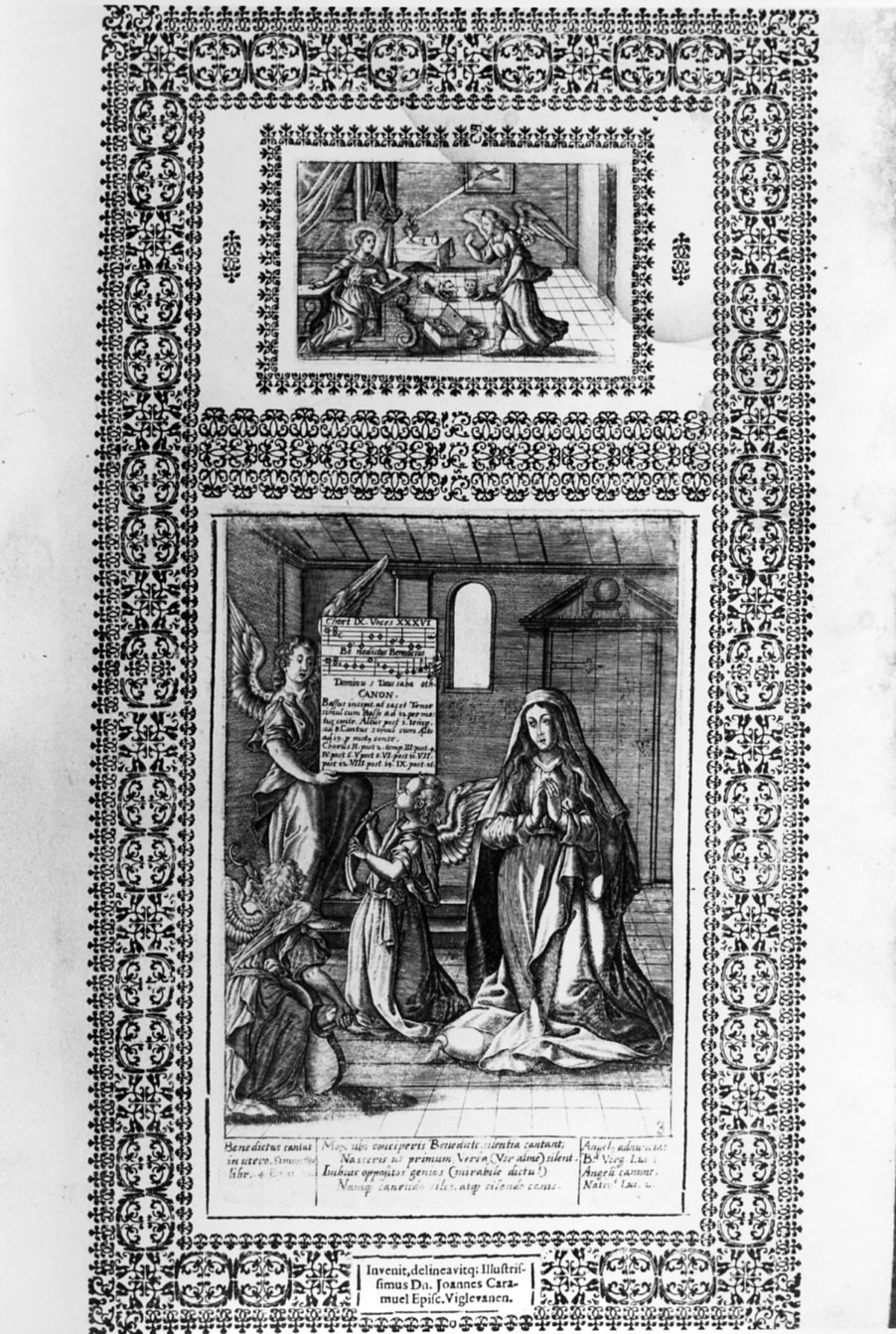Annunciazione/ episodio della vita di San Benedetto (stampa, elemento d'insieme) di Smischeck Ioannes Christ, Lobkowitz Caramuel Juan (sec. XVII)