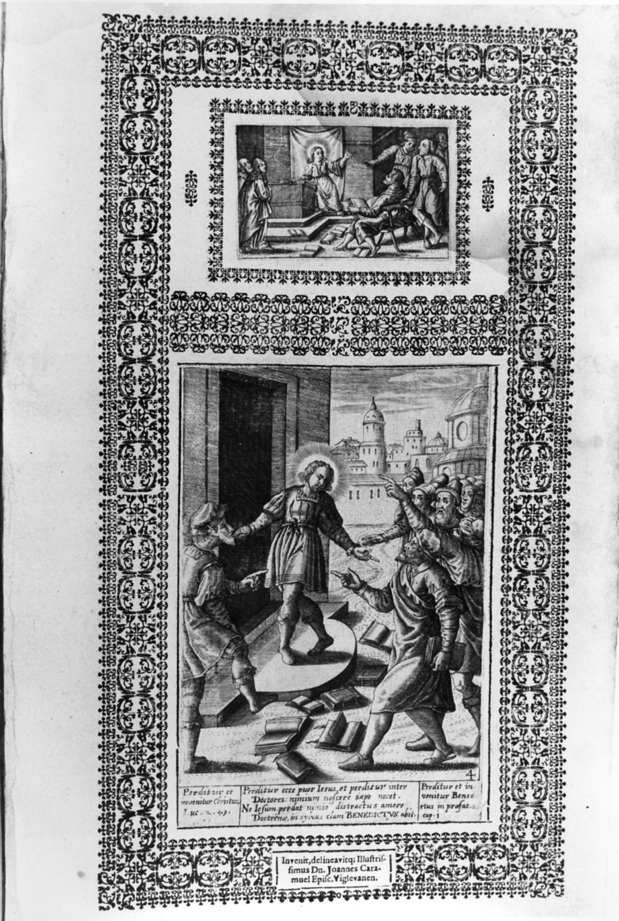 disputa di Gesù con i dottori/ episodio della vita di San Benedetto (stampa, elemento d'insieme) di Smischeck Ioannes Christ, Lobkowitz Caramuel Juan (sec. XVII)