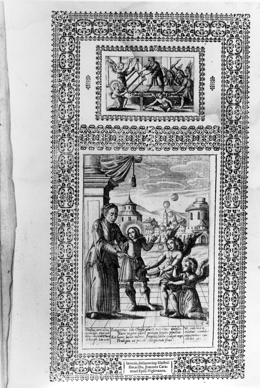 Gesù Bambino nella bottega di San Giuseppe/ episodio della vita di San Benedetto (stampa, elemento d'insieme) di Smischeck Ioannes Christ, Lobkowitz Caramuel Juan (sec. XVII)