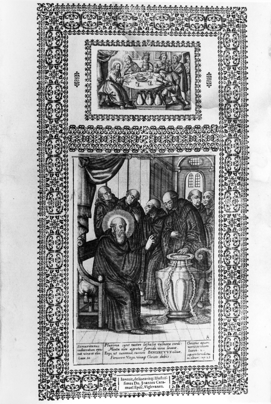 nozze di Cana/ episodio della vita di San Benedetto (stampa, elemento d'insieme) di Smischeck Ioannes Christ, Lobkowitz Caramuel Juan (sec. XVII)