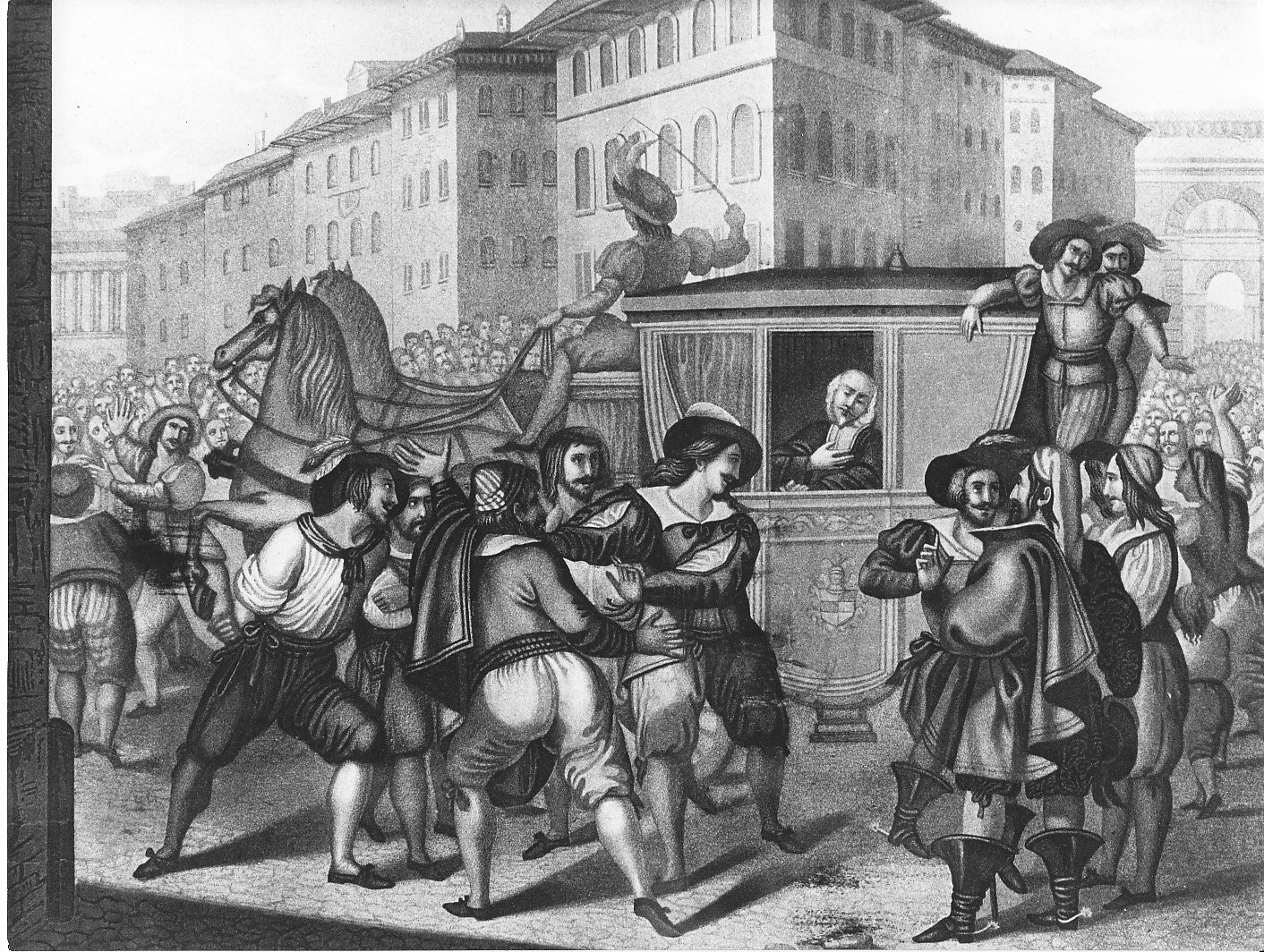 La carrozza del cancelliere Ferrer tra la folla (stampa) di Landini Domenico, Bottazzi Antonio (prima metà sec. XIX)