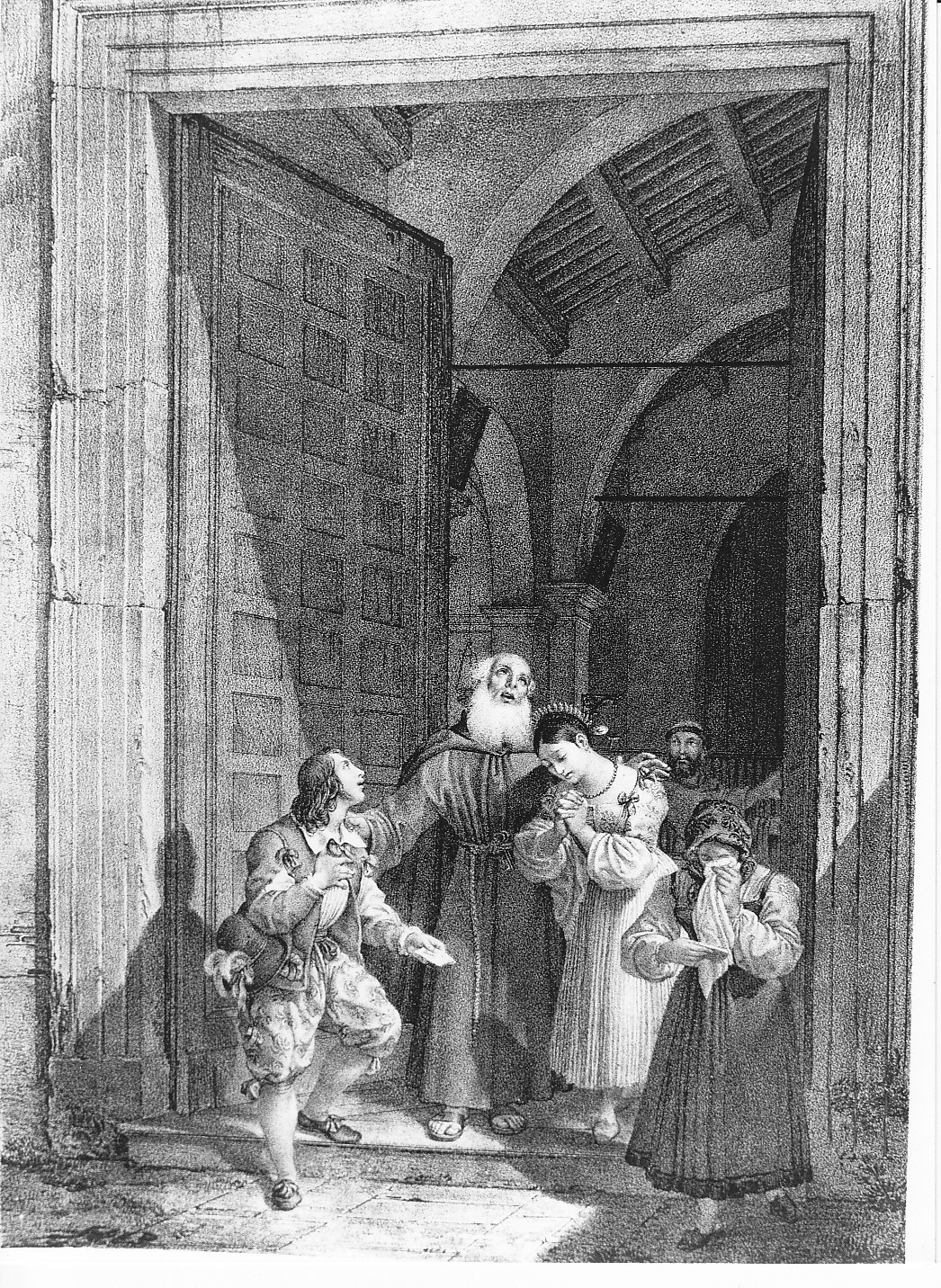 Il commiato di Renzo e Lucia da Fra Cristoforo (stampa) di Gallina Gallo (sec. XIX)
