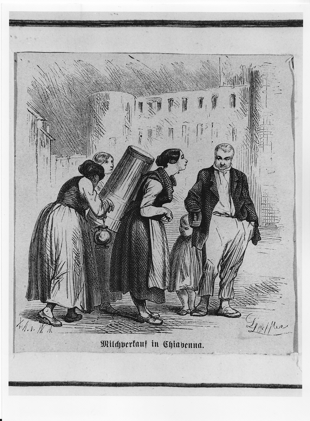 Vendita del latte a Chiavenna (stampa) - ambito lombardo (sec. XIX)