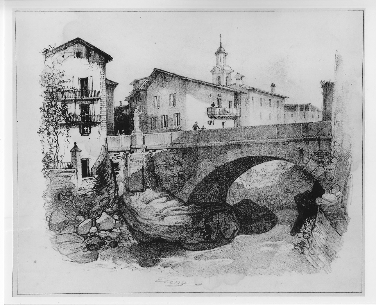 Il ponte di Oltremera a Chiavenna (stampa) di Bertotti Pietro, Elena Giuseppe (sec. XIX)