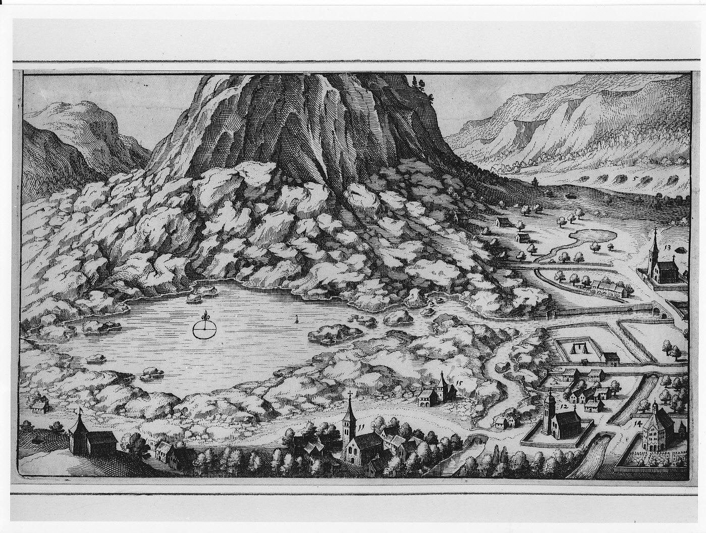 Piuro in val Bregaglia dopo la frana del 1618 (stampa) - ambito lombardo (sec. XVII)