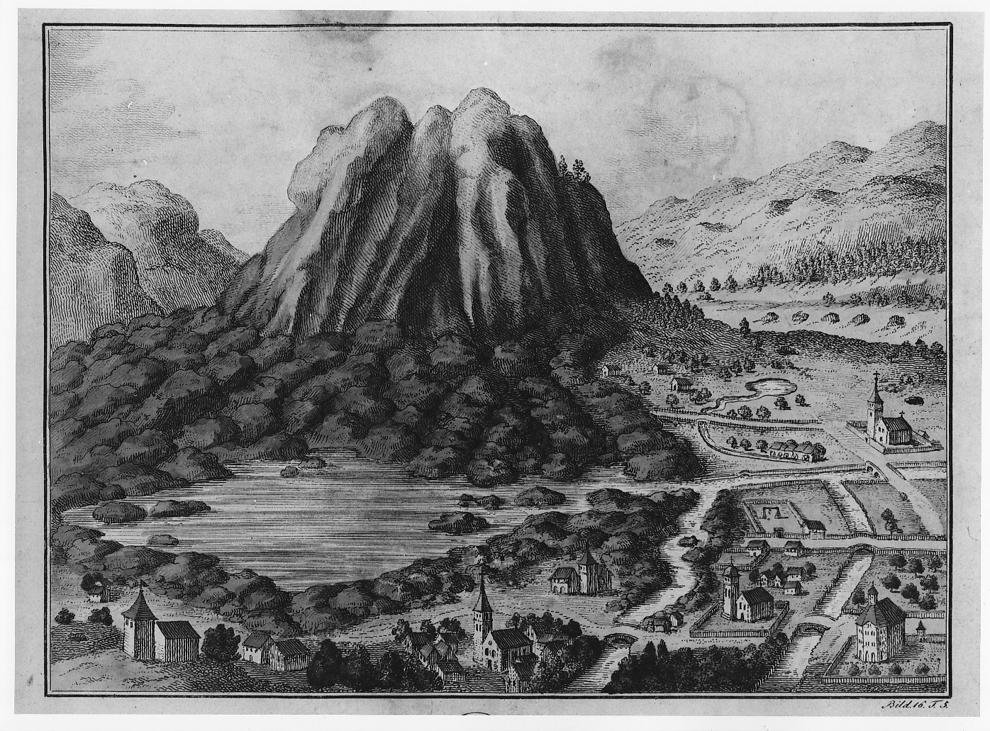 Piuro dopo la frana del 1618 (stampa) - ambito tedesco (sec. XVIII)