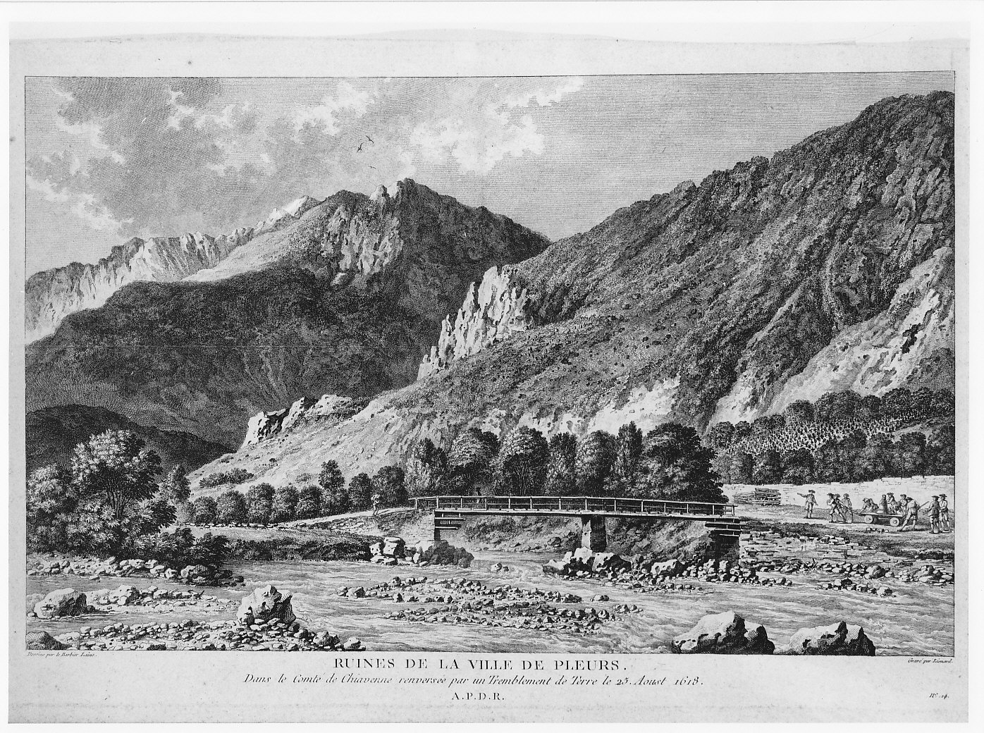 Trasporto di una campana rinvenuta sotto Piuro in Val Bregaglia (stampa) di Lienard (sec. XVIII)