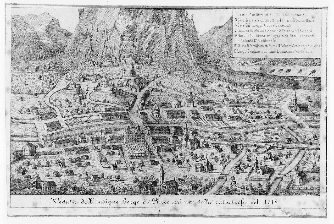 Piuro in val Bregaglia prima della frana (stampa) di Peppel A (sec. XIX)