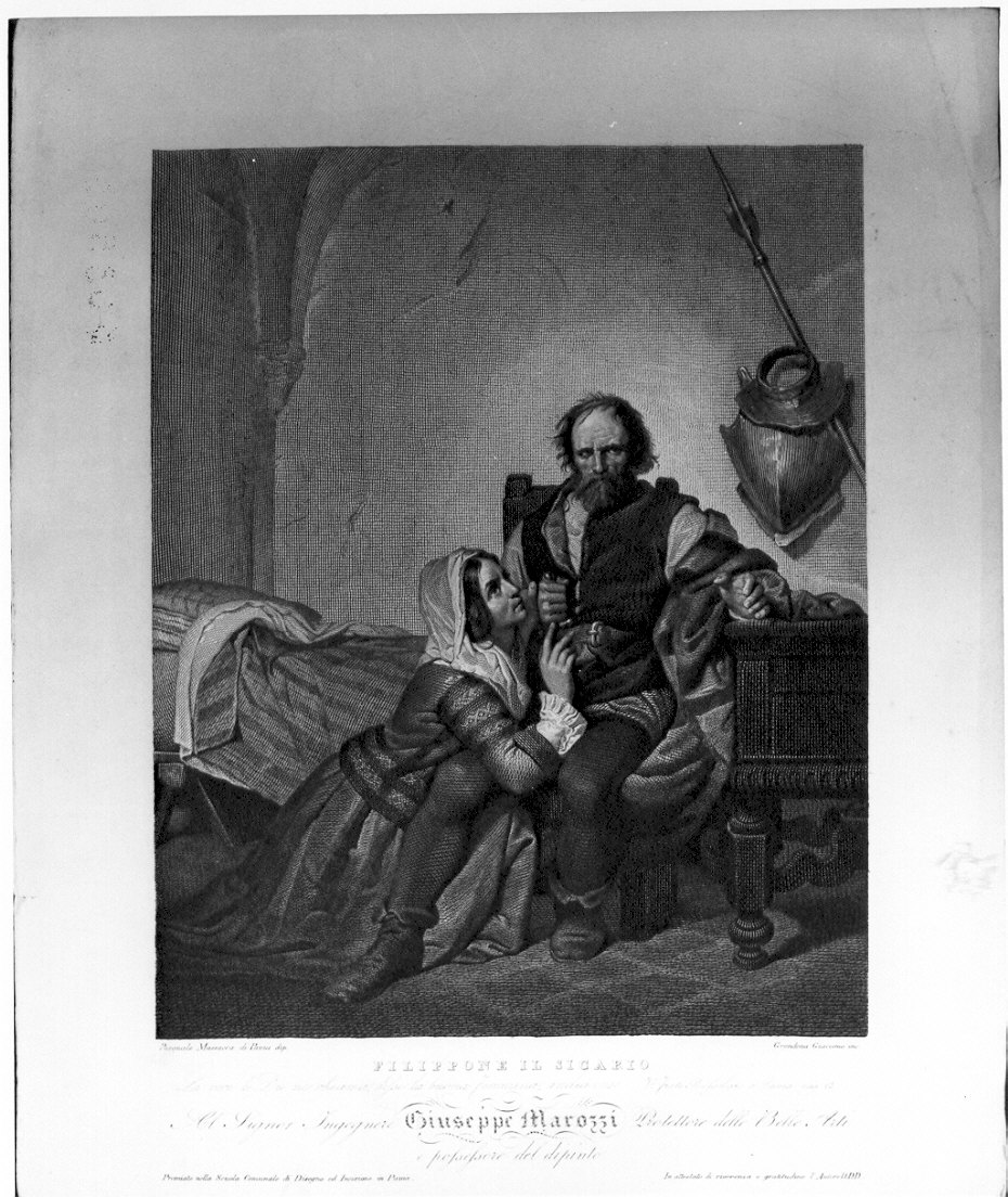 Filippone il sicario, interno con figura femminile (stampa) di Grondona Giacomo, Massacra Pasquale (sec. XIX)