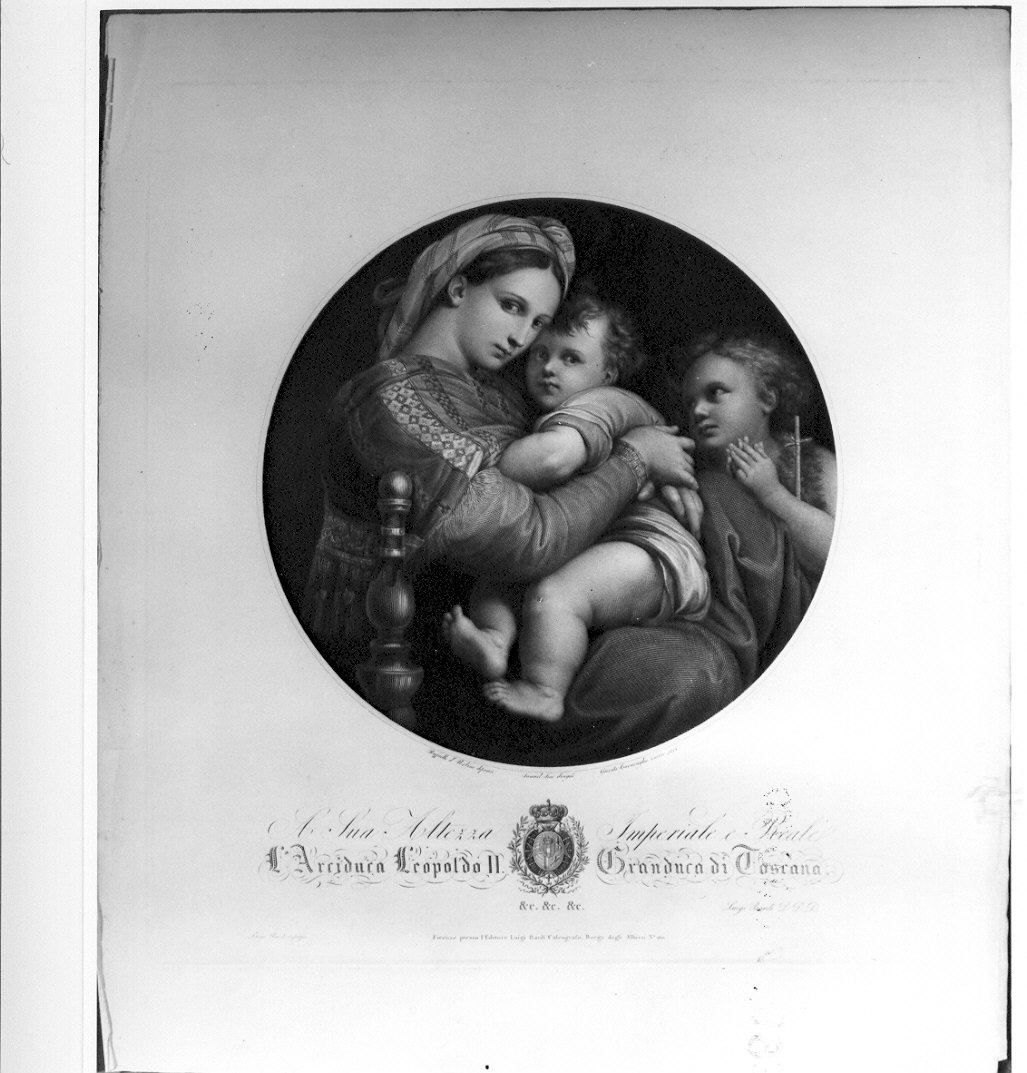 Madonna della Seggiola, Madonna con Bambino e San Giovannino (stampa) di Garavaglia Giovita (sec. XIX)