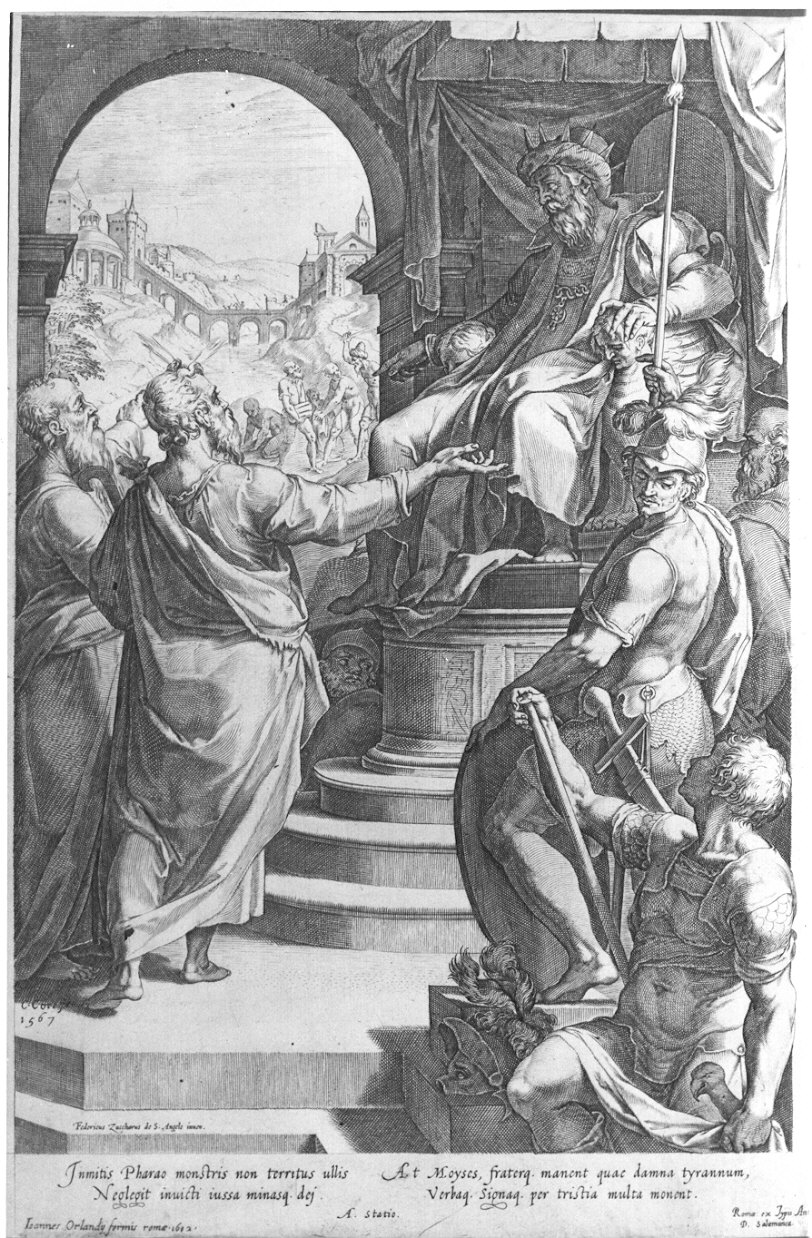 Mosè e Aronne davanti al faraone (stampa) di Cort Cornelis (sec. XVI)