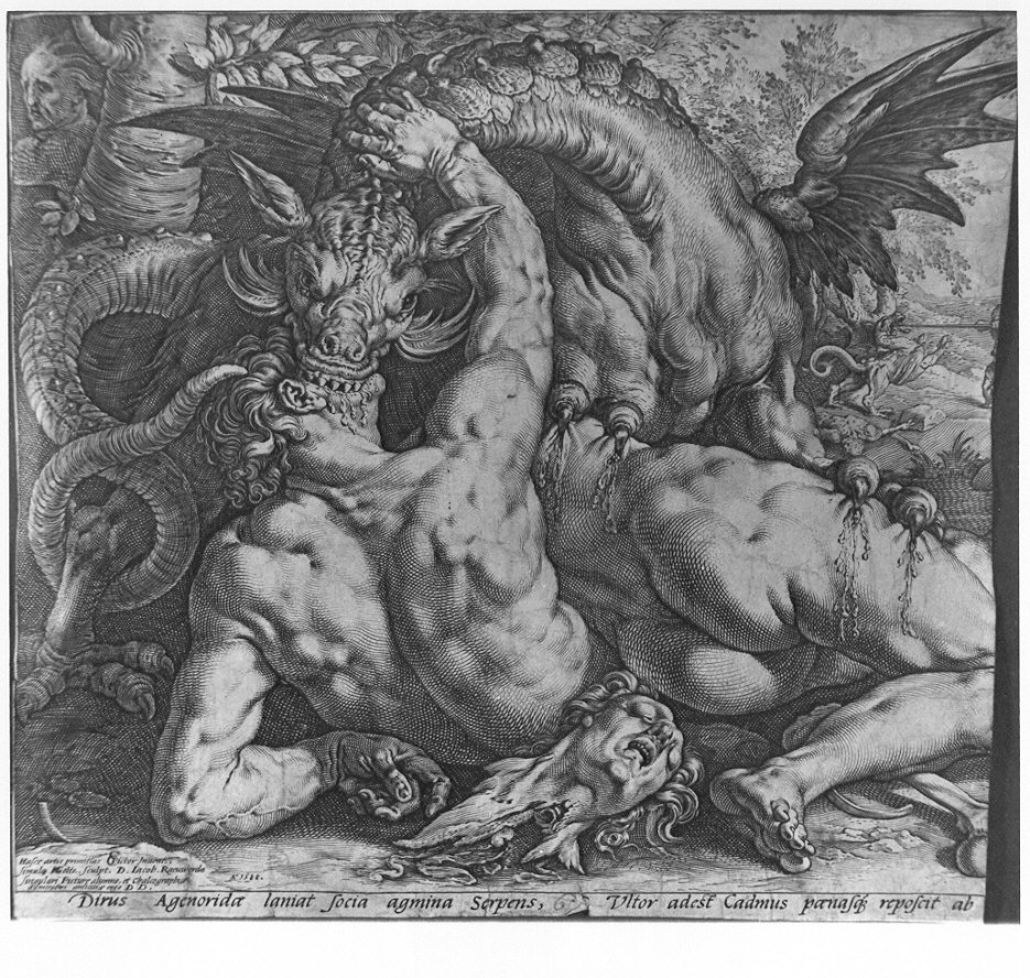 Il dragone divora la gente di Cadmo, Cadmo e il drago (stampa) di Goltzius Hendrick, Cornelisz van Haarlem Cornelis (sec. XVI)