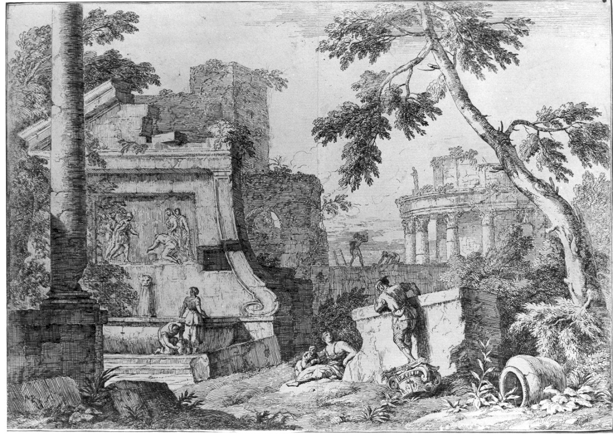 Paesaggio con rovine, fontana e tempio rotondo, paesaggio con alberi (stampa) di Ricci Marco (sec. XVIII)