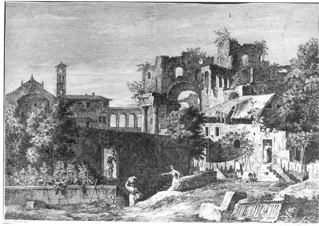 Scorcio di città con rovine, veduta di città (stampa) di Ricci Marco (sec. XVIII)