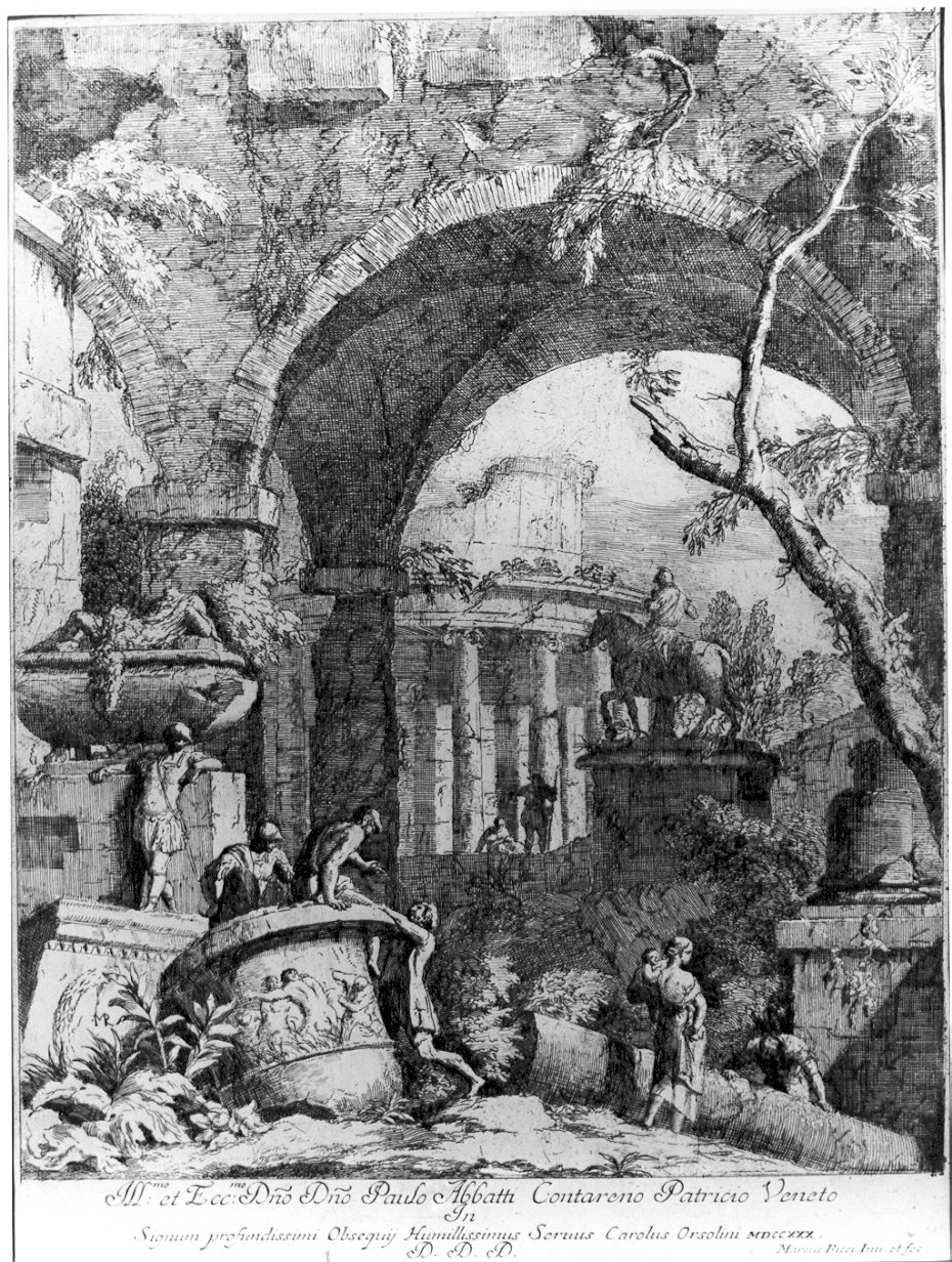 Rovine con una statua equestre e un tempio rotondo, rovine (stampa) di Ricci Marco (sec. XVIII)