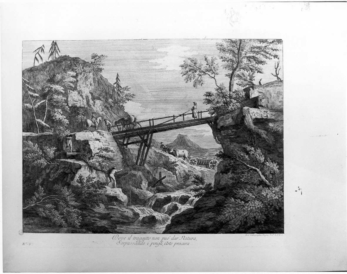 Paese con cavalieri e torrente, paesaggio fluviale (stampa) di Ricci Marco (sec. XVIII)