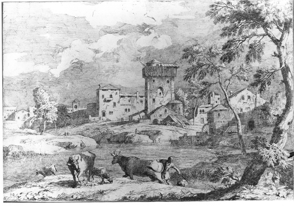 Paesaggio con armento e villaggio in riva al fiume, paesaggio fluviale (stampa) di Ricci Marco (sec. XVII)