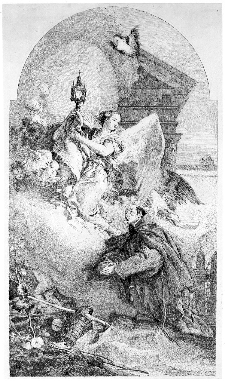 Apparizione dell'Angelo a S. Pasquale Baylon (stampa) di Tiepolo Gian Domenico, Tiepolo Giovanni Battista (sec. XVIII)