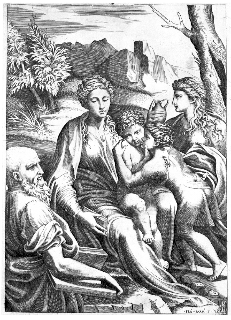 Sacra Famiglia con San Giovanni Battista bambino (stampa) - ambito Italia centro-settentrionale (sec. XVI)