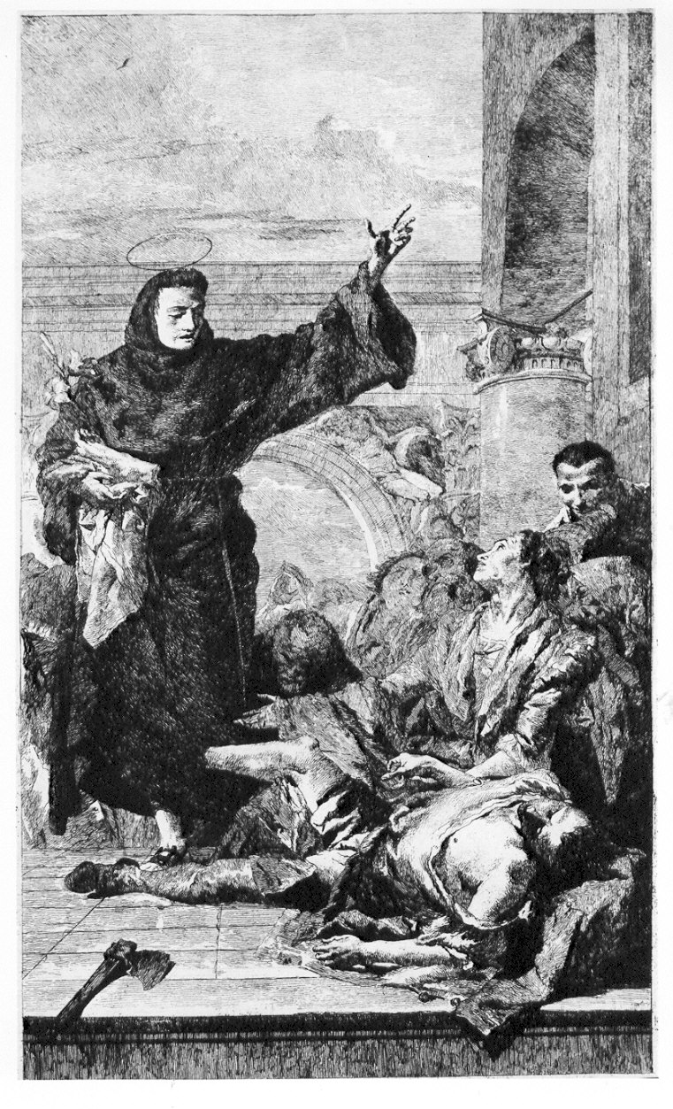 Miracolo di S. Antonio da Padova (stampa) di Tiepolo Gian Domenico, Tiepolo Giovanni Battista (sec. XVIII)