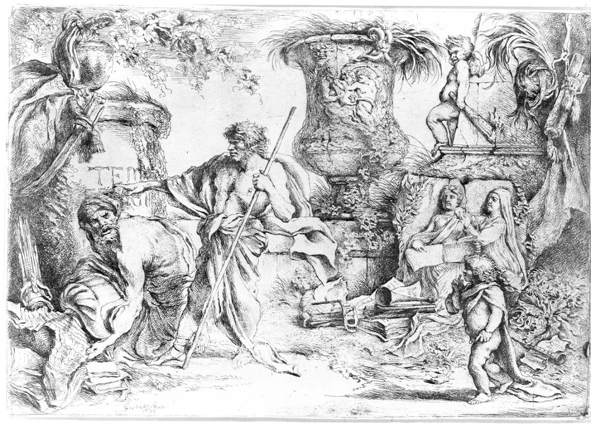 Temporalis aeternitatis, scena allegorica (stampa) di Castiglione Giovanni Benedetto (sec. XVII)