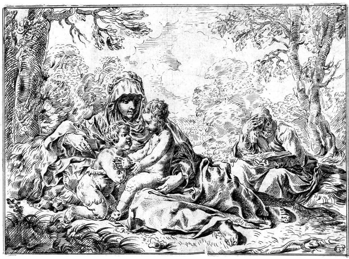 Sacra Famiglia con San Giovanni Battista bambino (stampa) di Cantarini Simone detto Pesarese (sec. XVII)