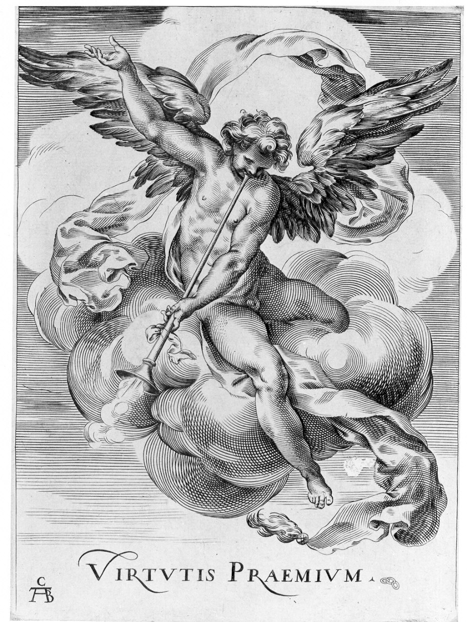 angelo con tromba (stampa) di Alberti Cherubino (sec. XVII)