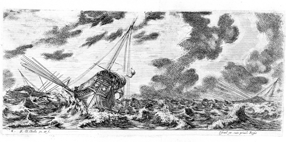 velieri in tempesta (stampa) di Della Bella Stefano (sec. XVII)