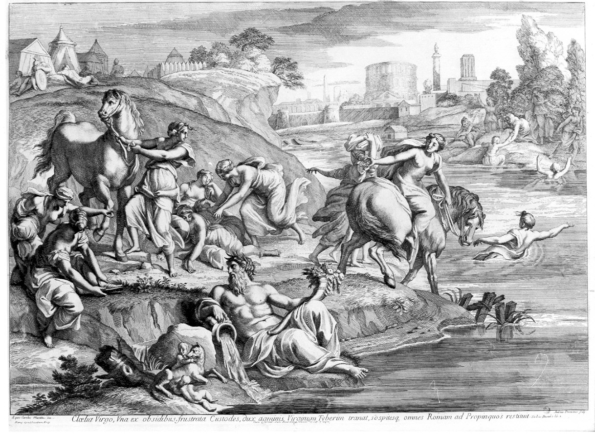 Clelia attraversa il Tevere (stampa) di Procaccini Andrea, Maratta Carlo (fine/inizio secc. XVII/ XVIII)