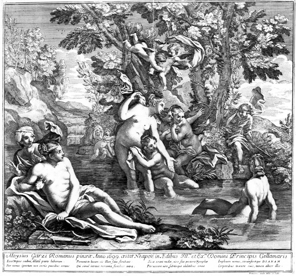 Diana al bagno con le ninfe (stampa) di Garzi Luigi (sec. XVII)