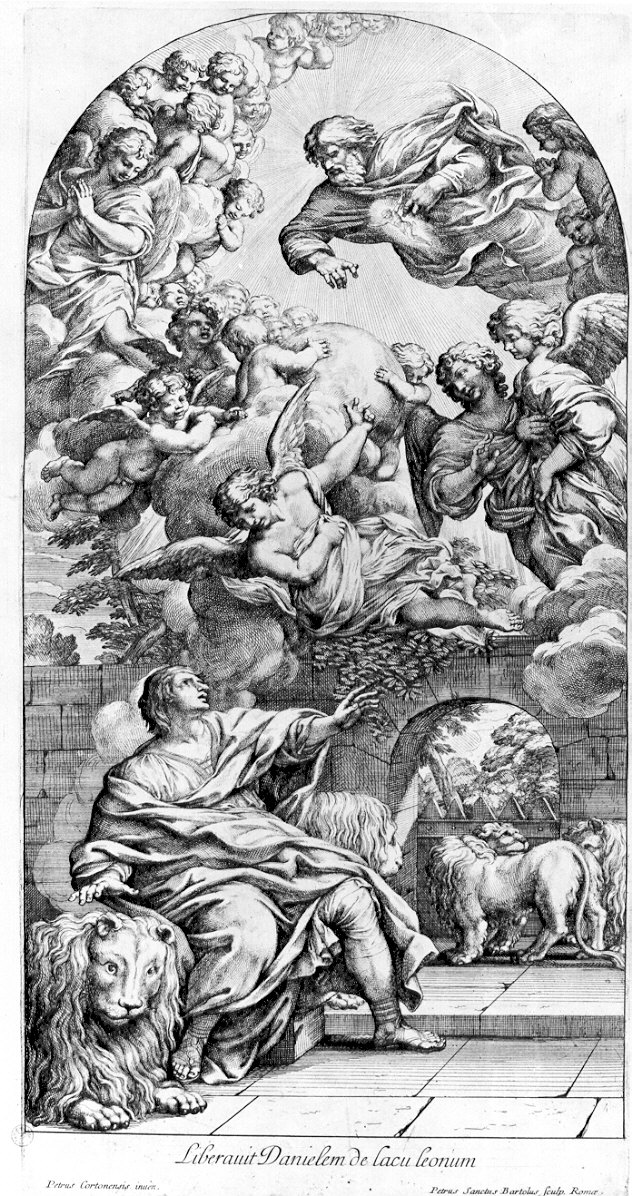 Daniele nella fossa dei leoni (stampa) di Berrettini Pietro detto Pietro da Cortona, Bartoli Pietro Sante (sec. XVIII)