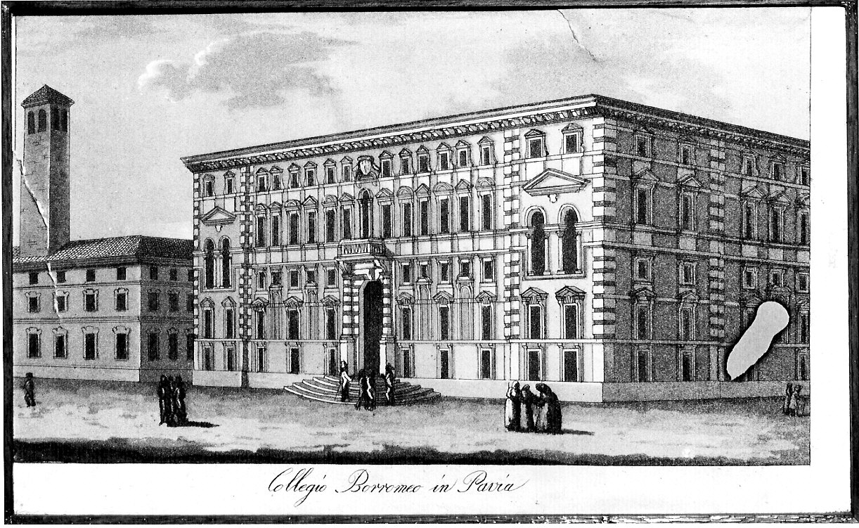 Collegio Borromeo in Pavia, veduta di città (stampa) - ambito lombardo (sec. XIX)