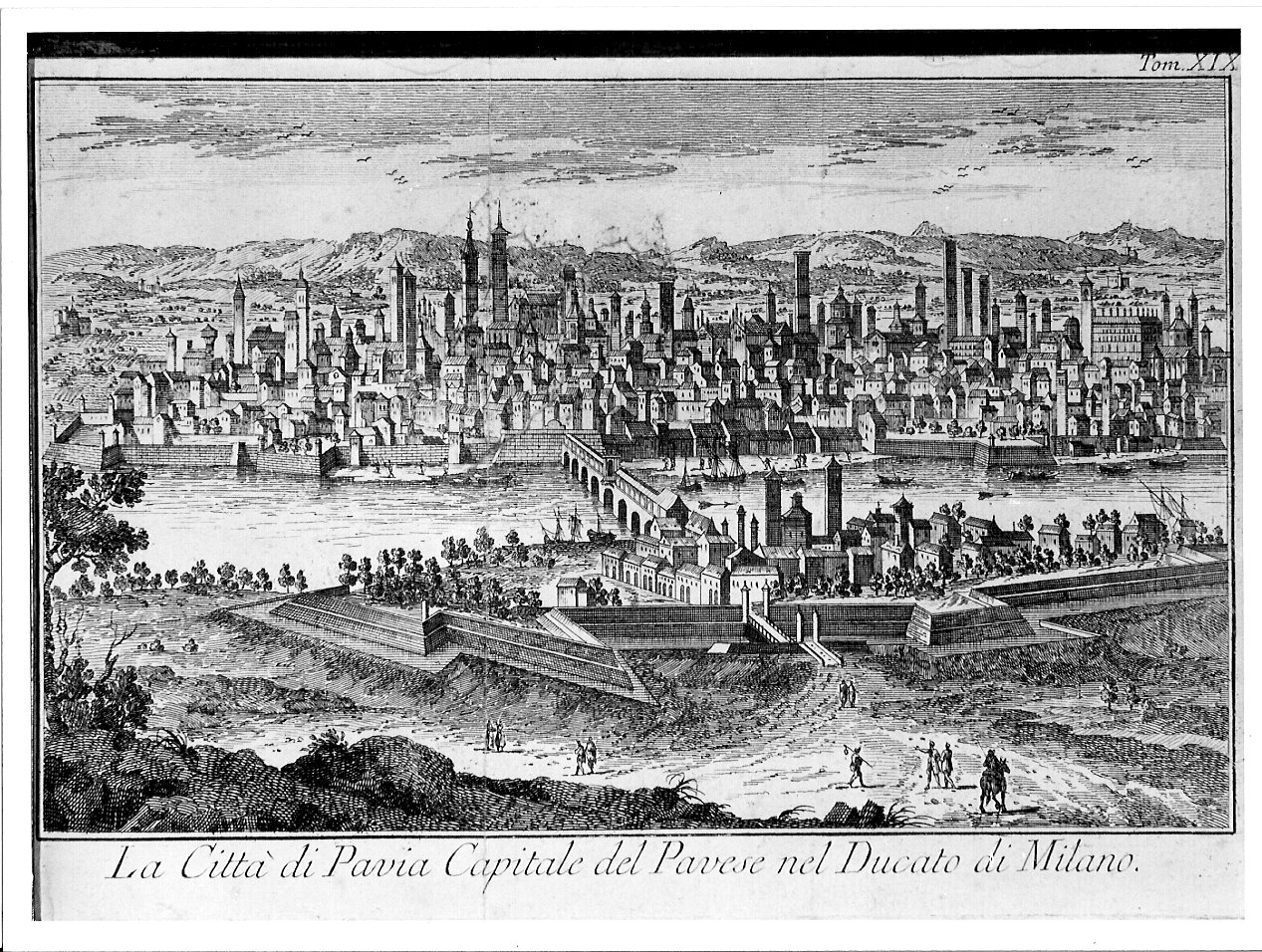 la città di Pavia capitale del Pavese nel Ducato di Milano, veduta di città (stampa) di Werner Friedrich Bernard de (sec. XVIII)