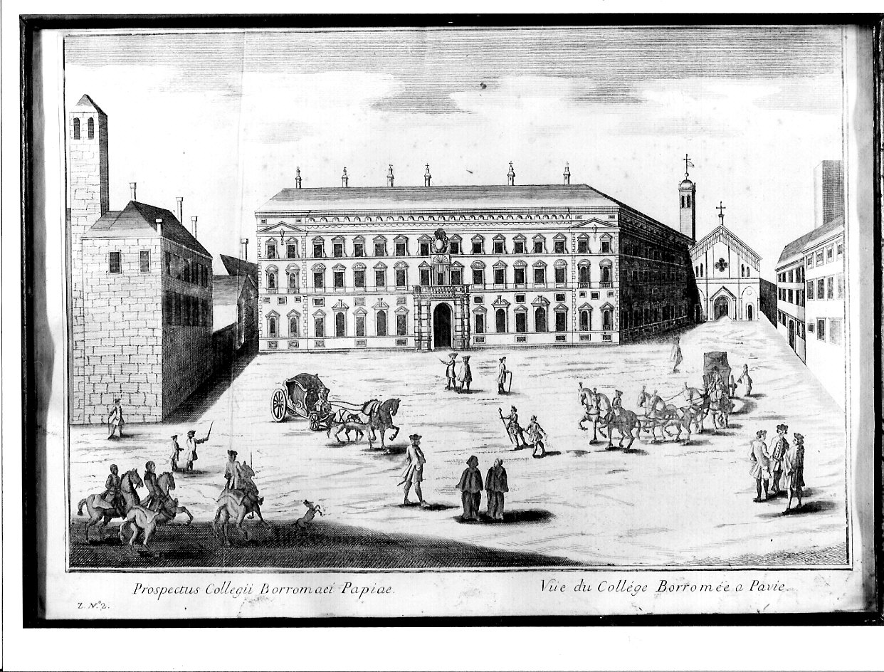 Prospectus Collegi Borromaei Papiae, veduta di città (stampa) di Werner Friedrich Bernard de (metà sec. XVIII)